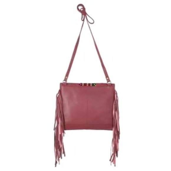 Genuine Plum Soft Leather Western Abstract Pattered Fringe Crossbody Bag NWT - Picture 5 of 6